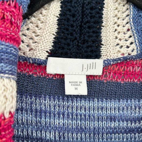 J. JILL Red White Blue Linen Knit Stripe Button Up Long Cardigan Sweater Medium - Picture 5 of 6